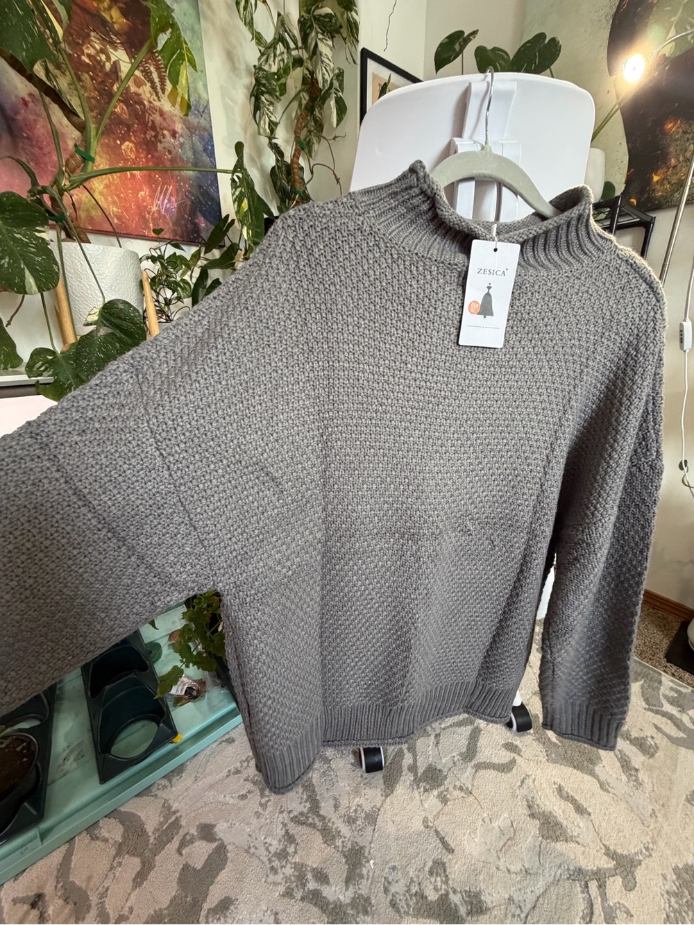 Zesica Women's Gray Knit Mock-Neck Sweater